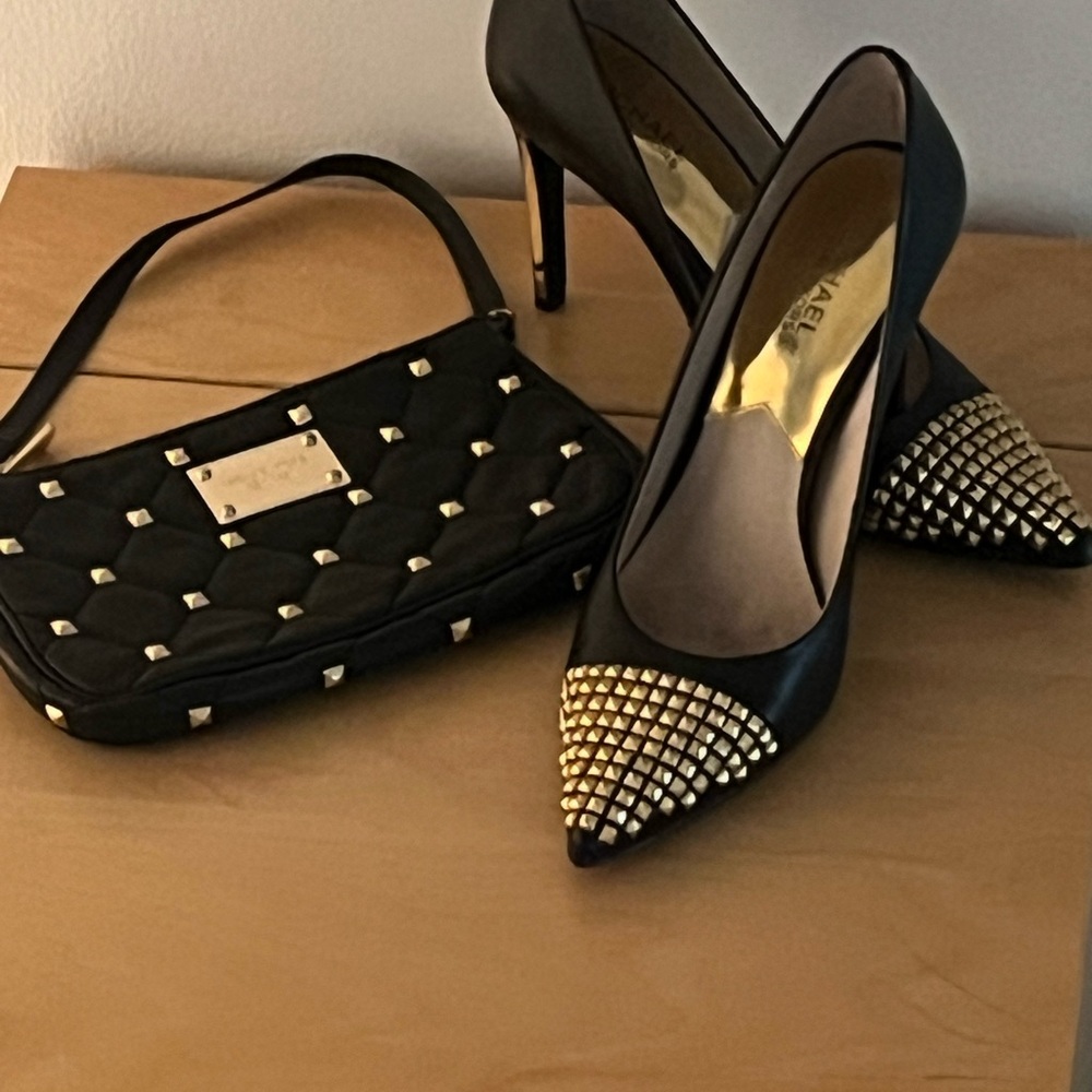 Michael Kors Black and Gold Studded Heels with Matching Leather bag